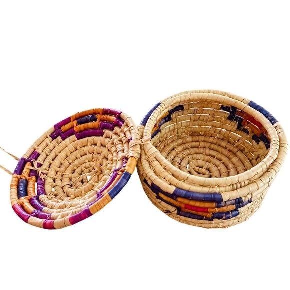 Handwoven Lidded Coil Basket with Loop Latch – Colorful Boho Tribal Decor - Picture 3 of 3